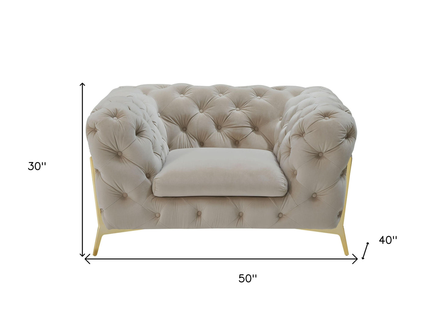 50" Beige Tufted Velvet And Gold Solid Color Lounge Chair