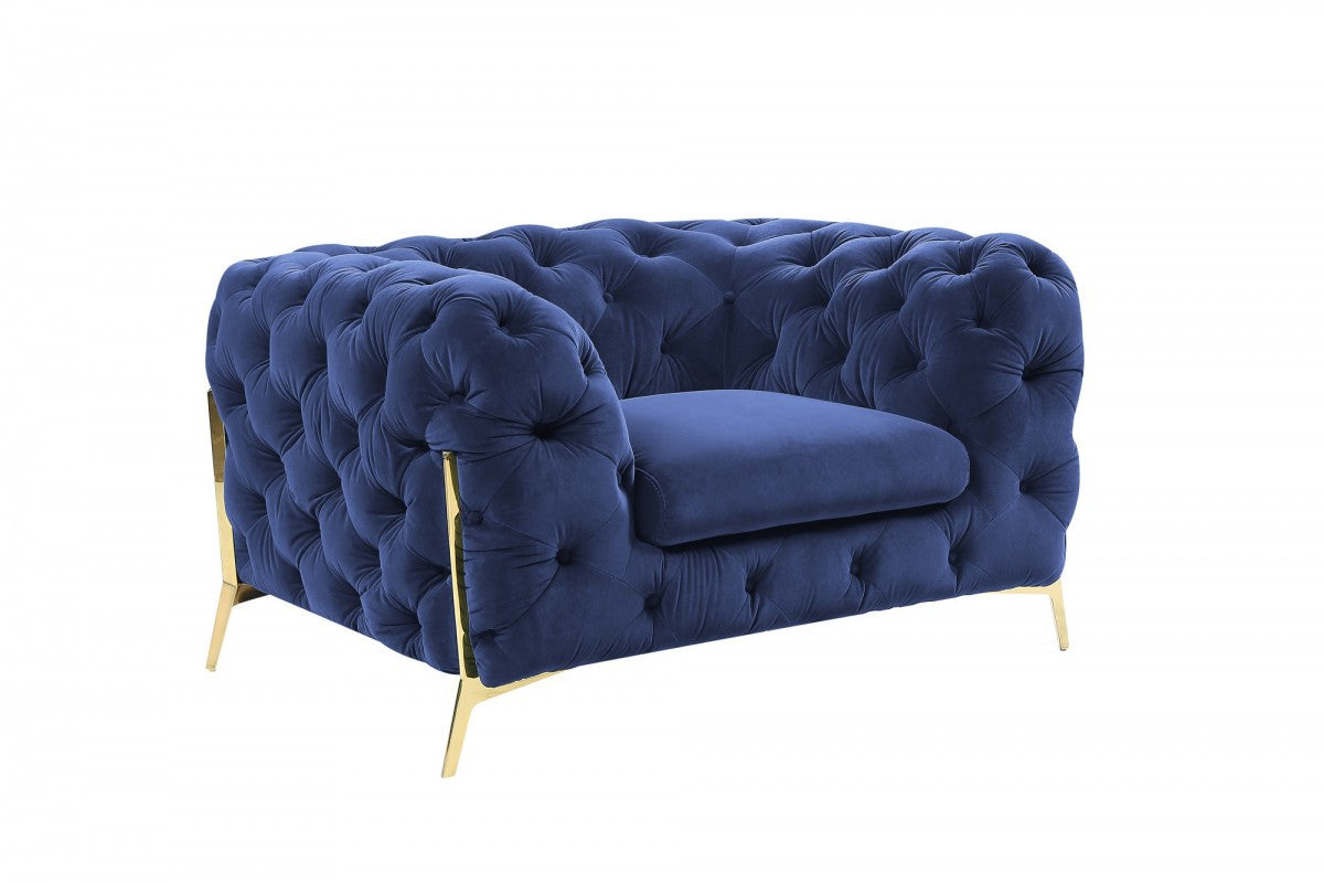 50" Blue And Gold Velvet Tufted Lounge Chair