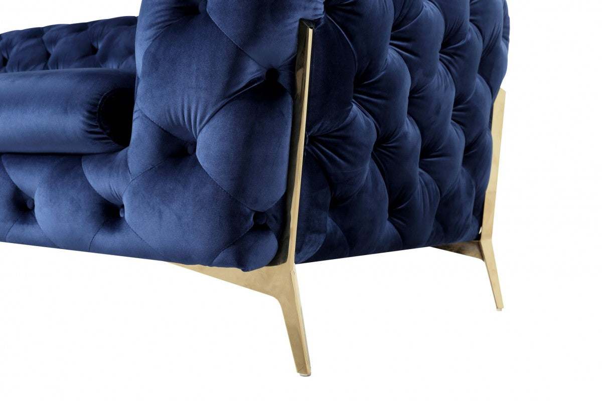 50" Blue And Gold Velvet Tufted Lounge Chair