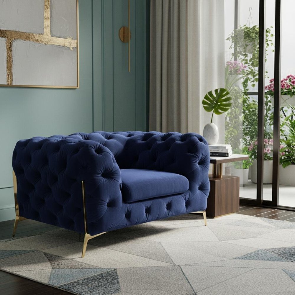 50" Blue And Gold Velvet Tufted Lounge Chair HomeRoots