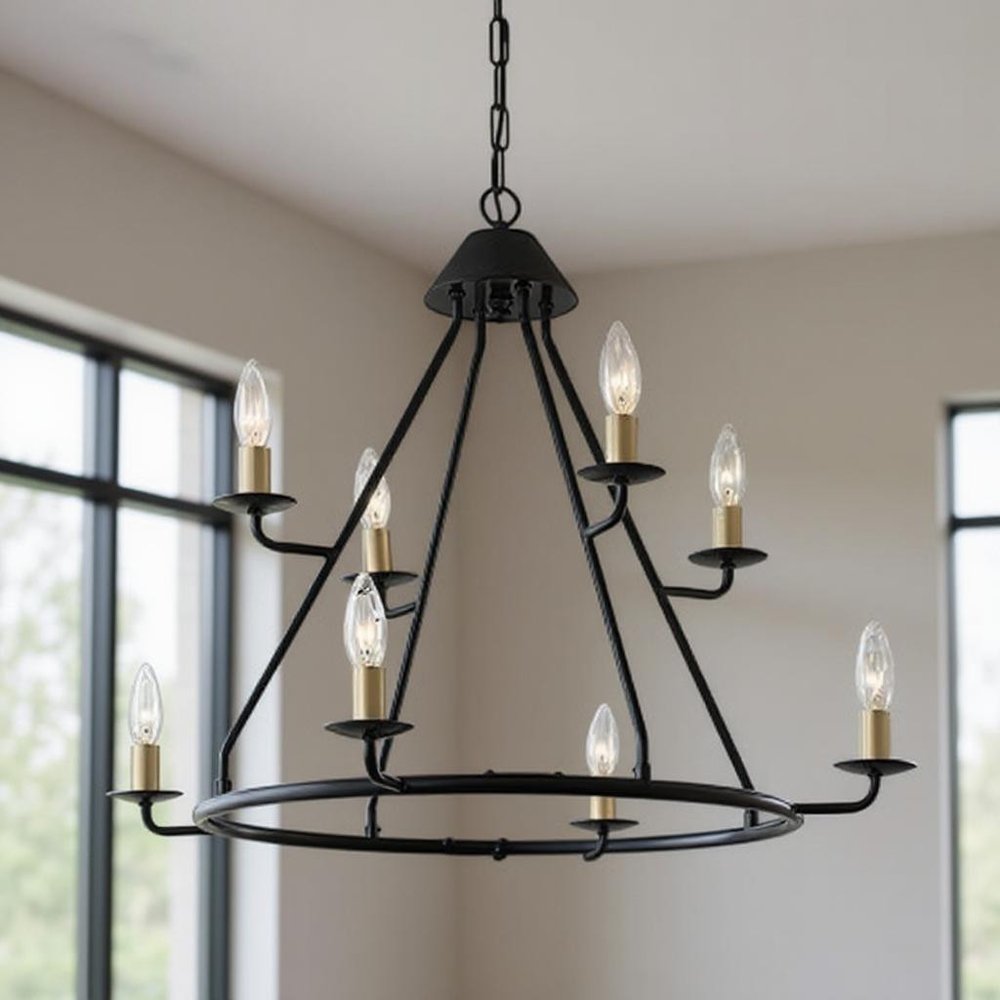 Black And Gold Candle Style Eight Light Metal Dimmable Chandelier — view 4