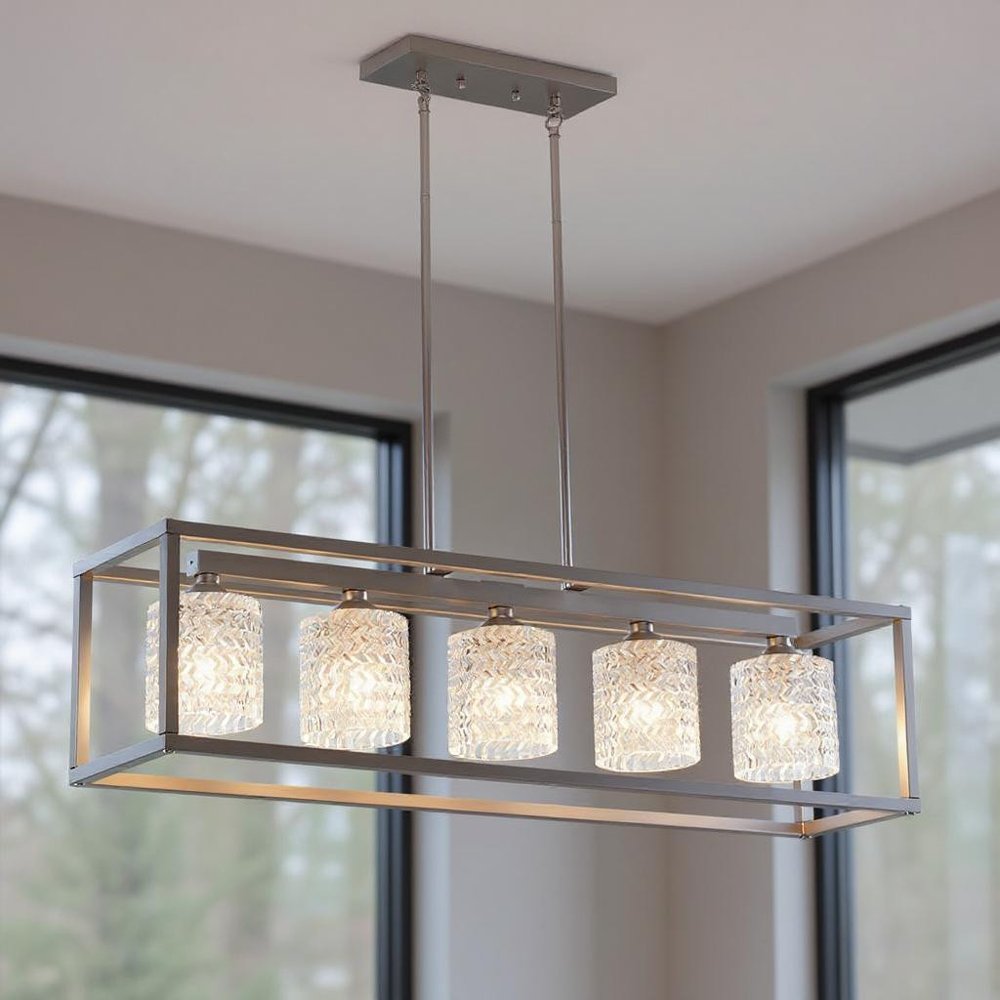 Clear Kitchen Island Five Light Metal Dimmable Chandelier With Clear Shades — view 8
