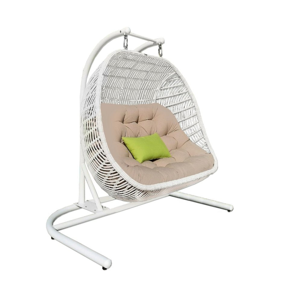 69" Beige and White Metal Indoor Outdoor Swing Chair with Beige Cushion HomeRoots