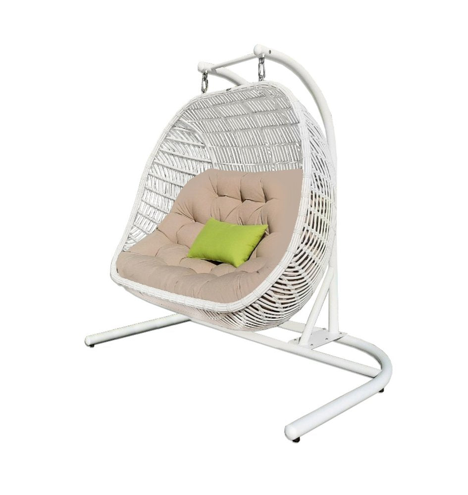 69" Beige and White Metal Indoor Outdoor Swing Chair with Beige Cushion HomeRoots
