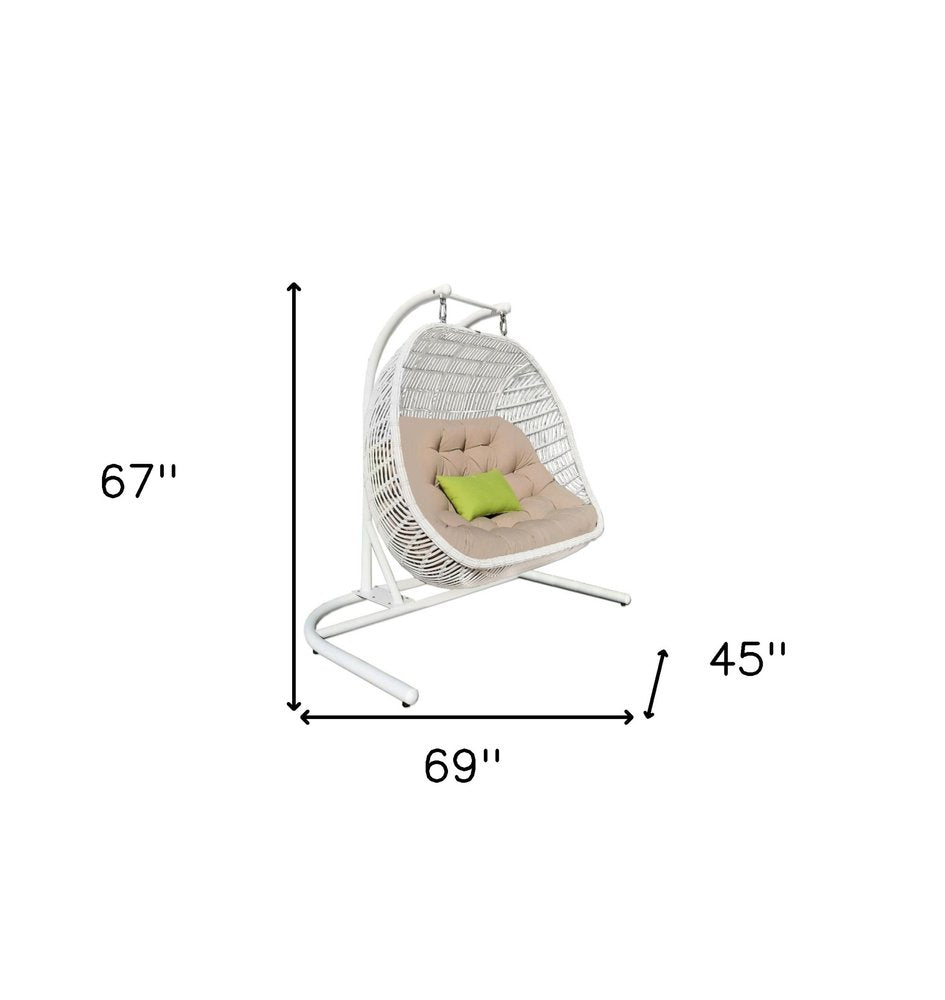 69" Beige and White Metal Indoor Outdoor Swing Chair with Beige Cushion HomeRoots