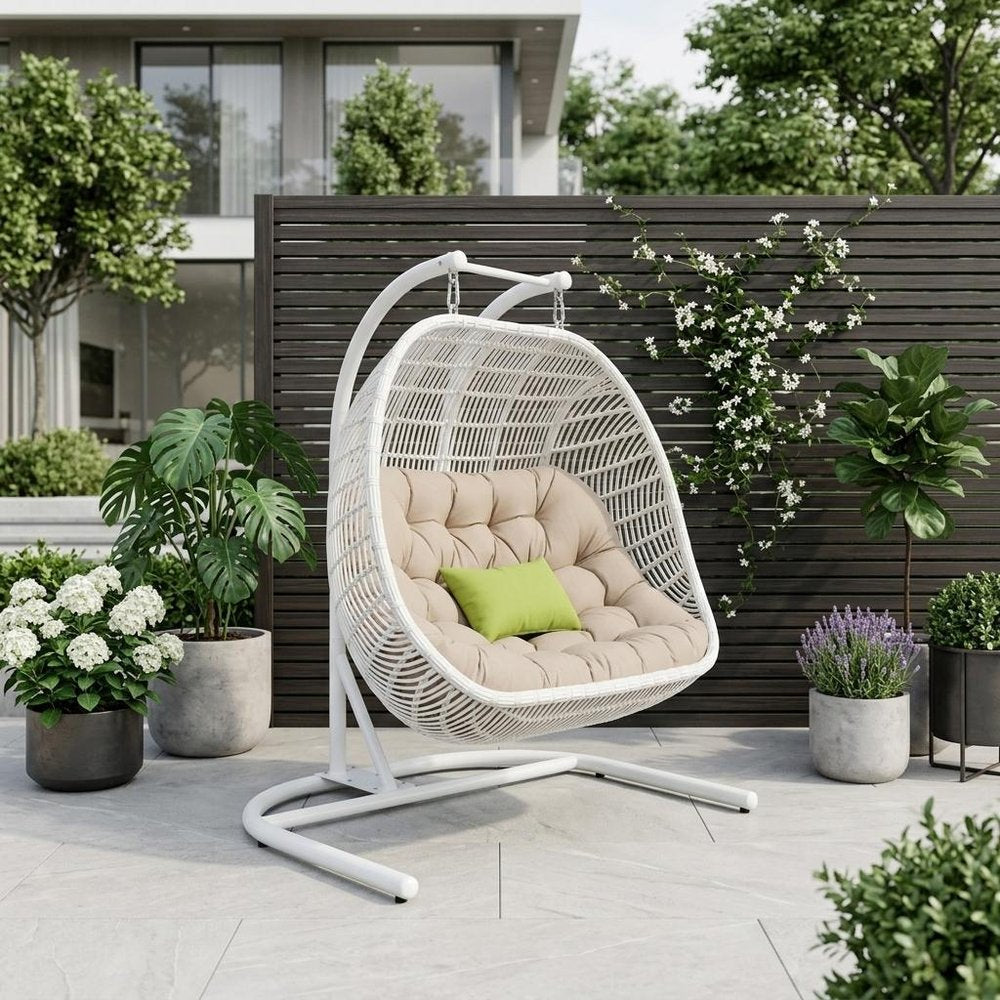 69" Beige and White Metal Indoor Outdoor Swing Chair with Beige Cushion HomeRoots