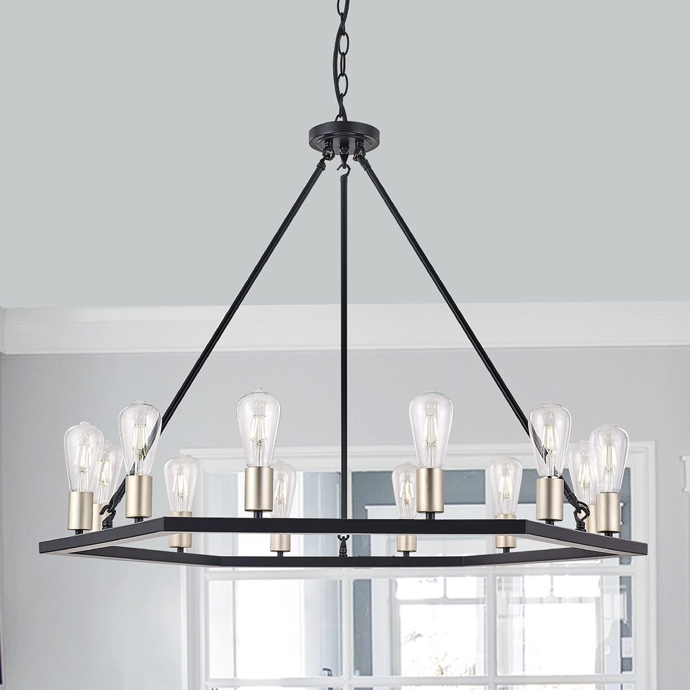 Black And Gold Candle Style Twelve Light Metal Dimmable Chandelier — view 2