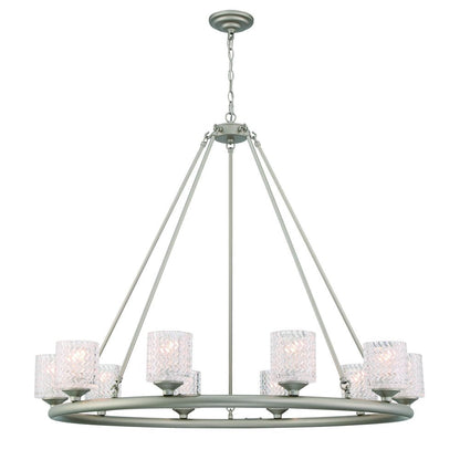 Silver Shaded Ten Light Metal Dimmable Chandelier With White Shades