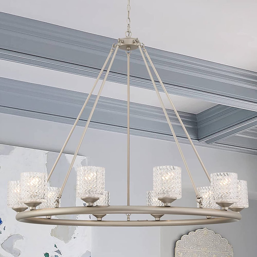 Silver Shaded Ten Light Metal Dimmable Chandelier With White Shades — view 1