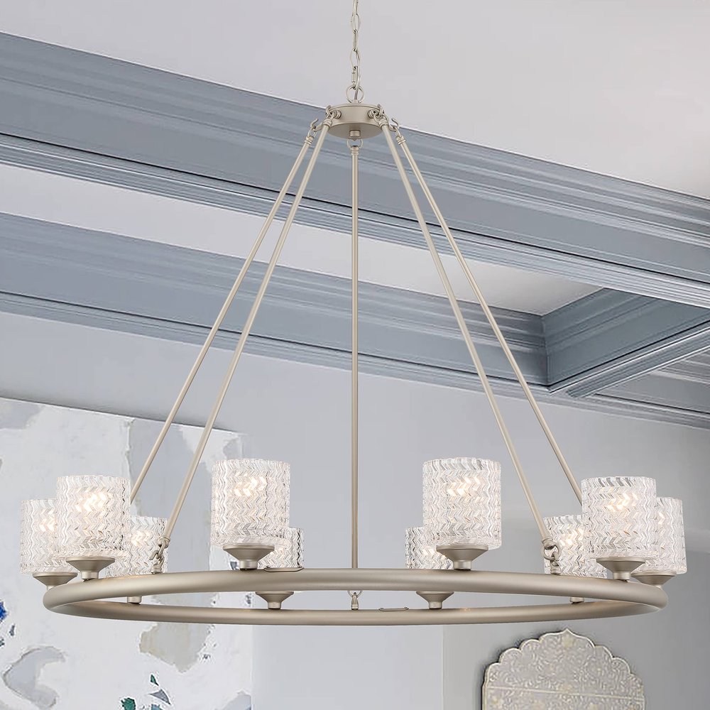 Silver Shaded Ten Light Metal Dimmable Chandelier With White Shades — view 2