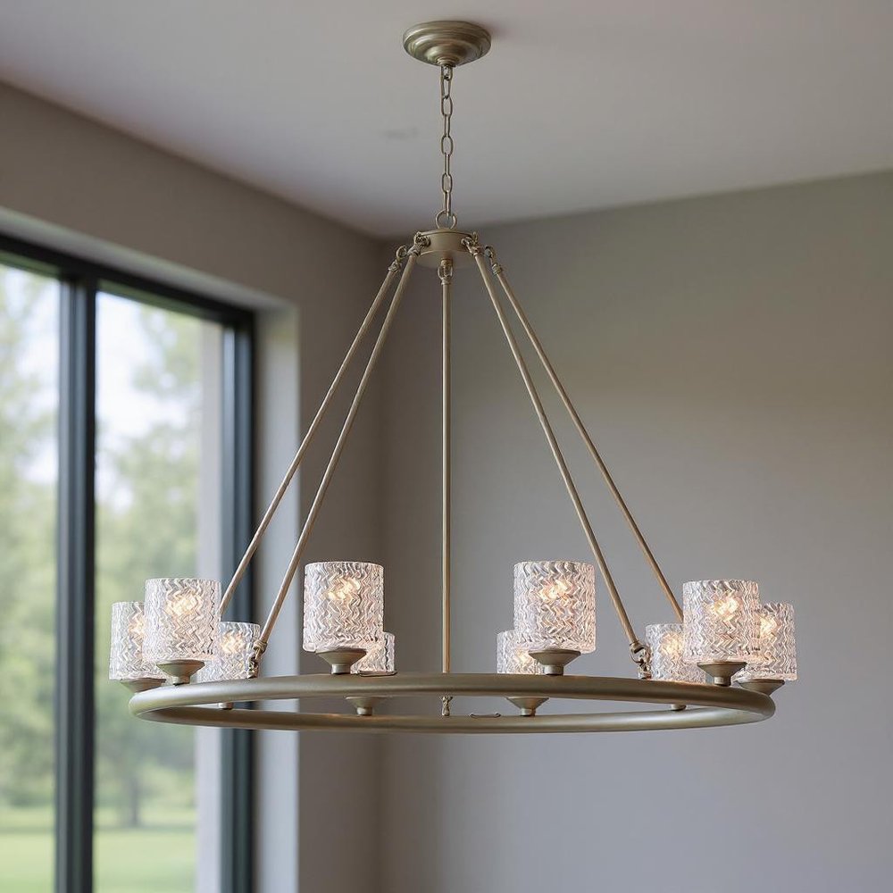 Silver Shaded Ten Light Metal Dimmable Chandelier With White Shades — view 8