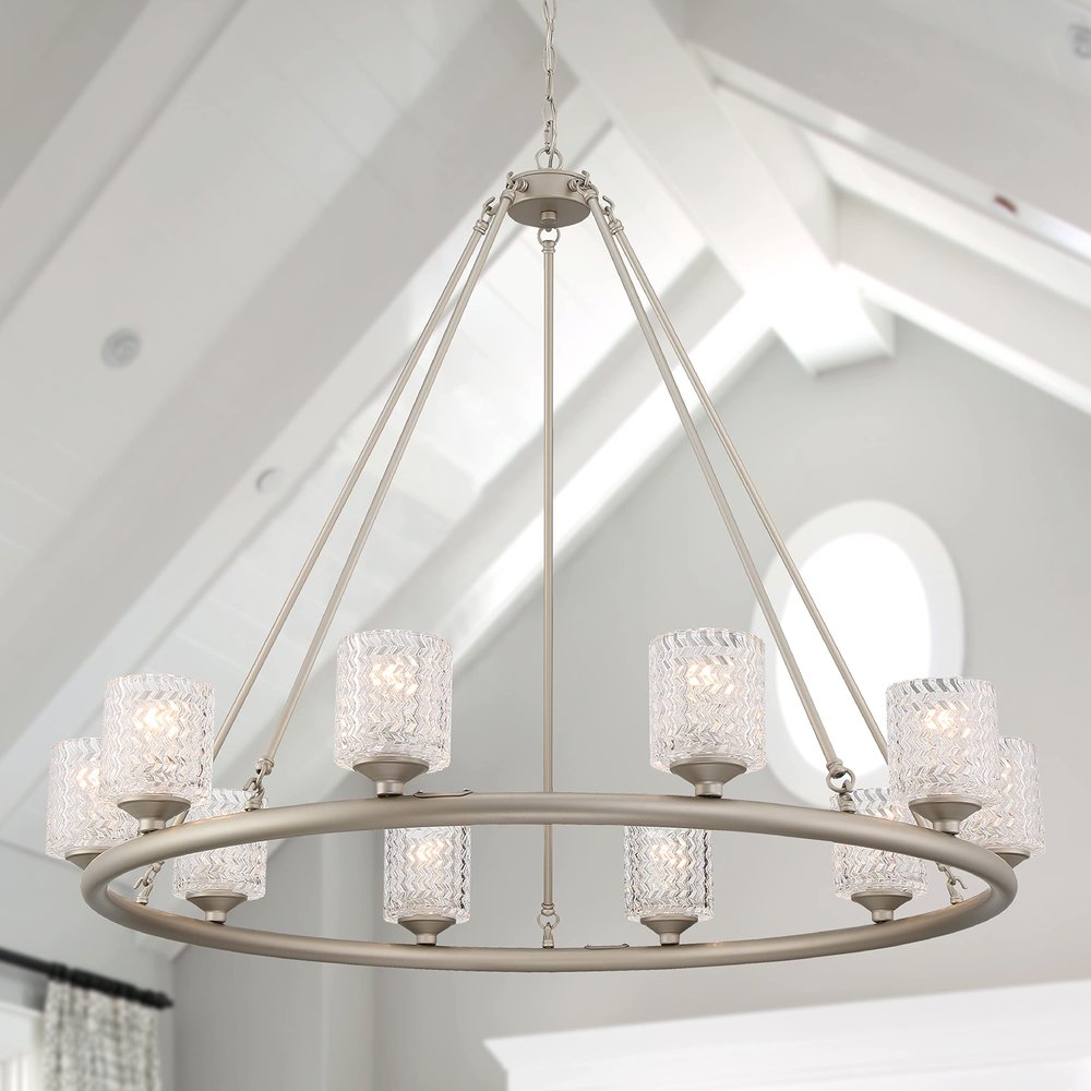 Silver Shaded Ten Light Metal Dimmable Chandelier With White Shades — view 3