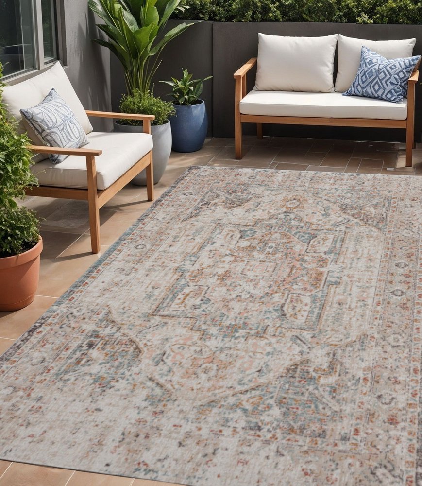 5' X 8' Beige Abstract Stain Resistant Indoor Outdoor Area Rug — view 3