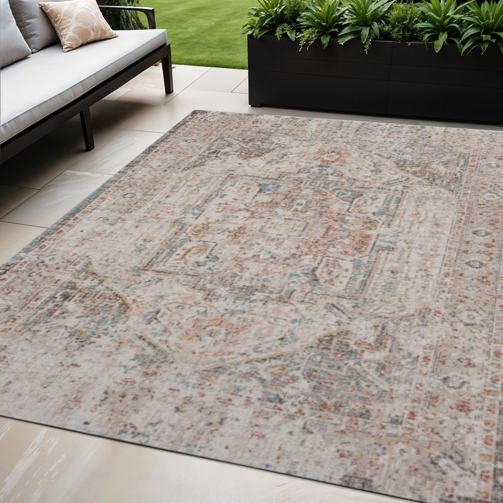 5' X 8' Beige Floral Stain Resistant Indoor Outdoor Area Rug HomeRoots