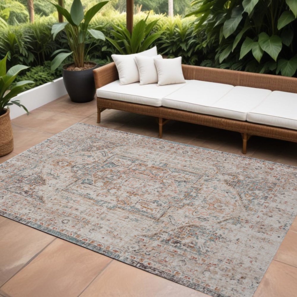 9' X 12' Beige Floral Stain Resistant Indoor Outdoor Area Rug — view 2