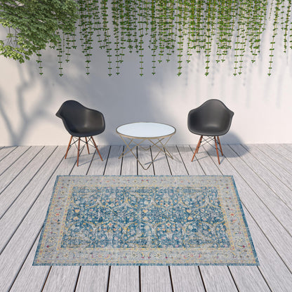 8' X 10' Blue Floral Stain Resistant Indoor Outdoor Area Rug