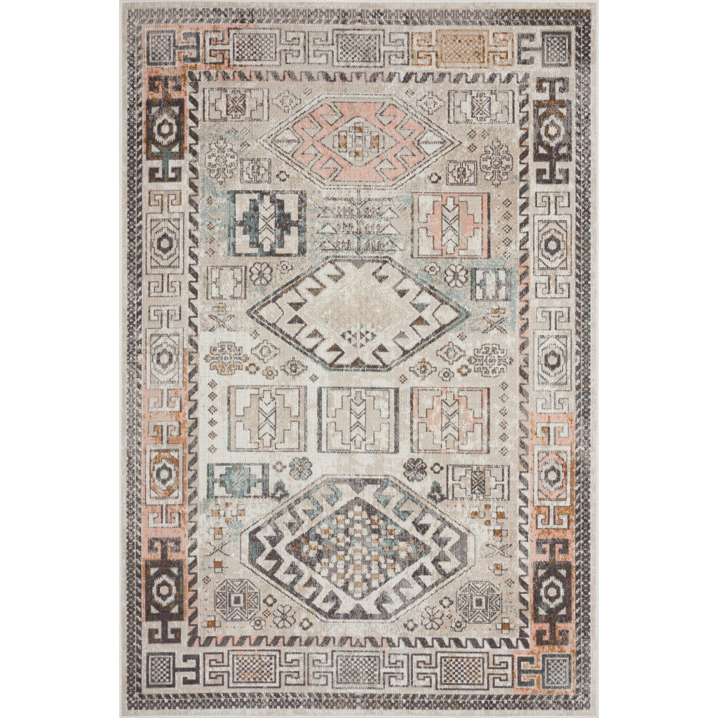 8' X 10' Cream Geometric Stain Resistant Indoor Outdoor Area Rug - 0" (L) x 117" (W) x 93" (H)