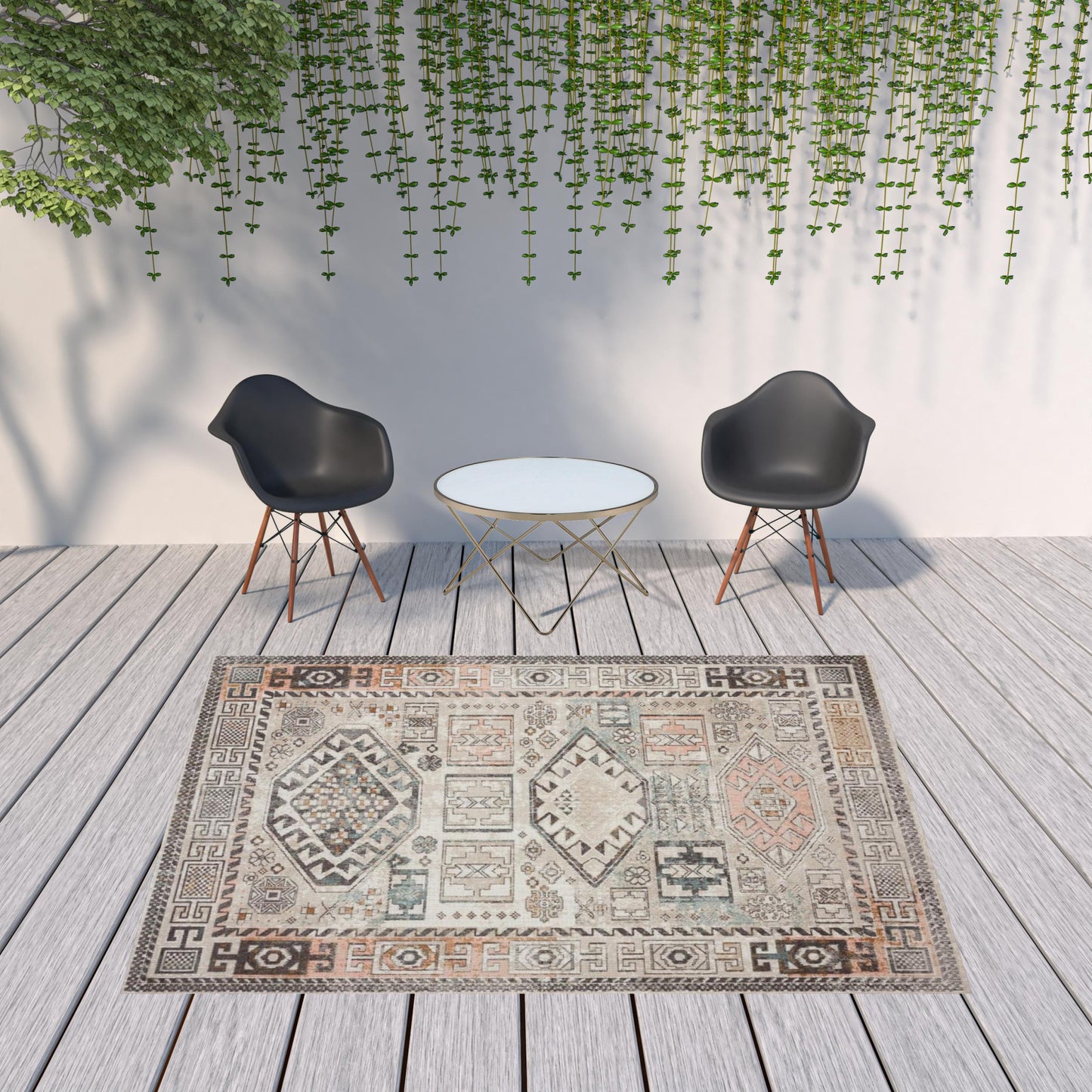 8' X 10' Cream Geometric Stain Resistant Indoor Outdoor Area Rug - 0" (L) x 117" (W) x 93" (H)