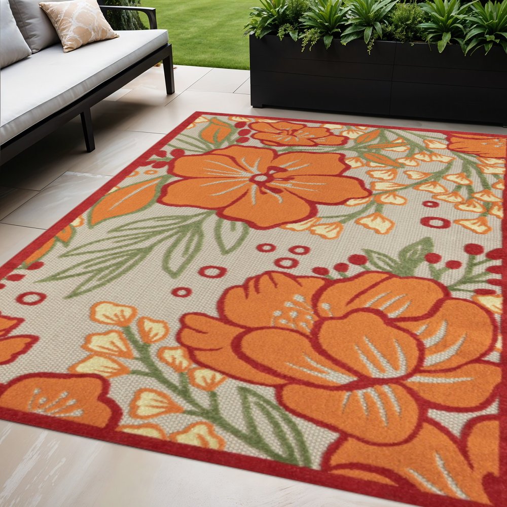 5' X 8' Orange And Ivory Handmade Indoor Outdoor Area Rug — view 8