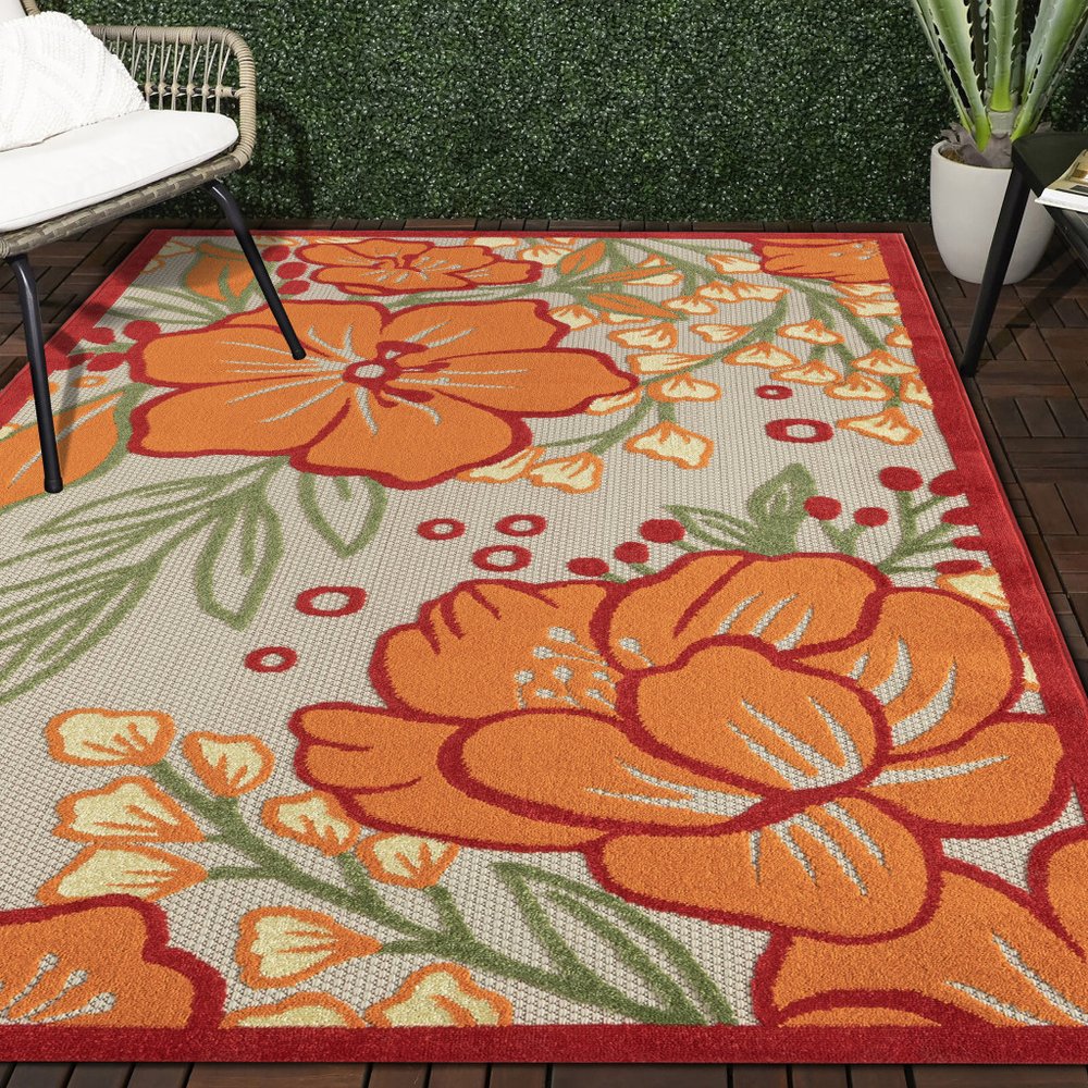 8' X 10' Orange And Ivory Indoor Outdoor Area Rug HomeRoots