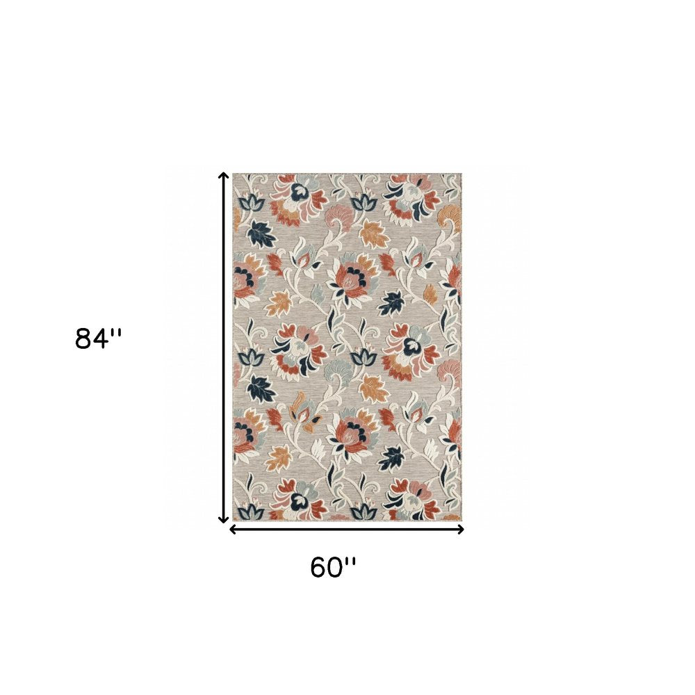 5' X 7' Blue And Gray Floral Stain Resistant Indoor Outdoor Area Rug — view 8