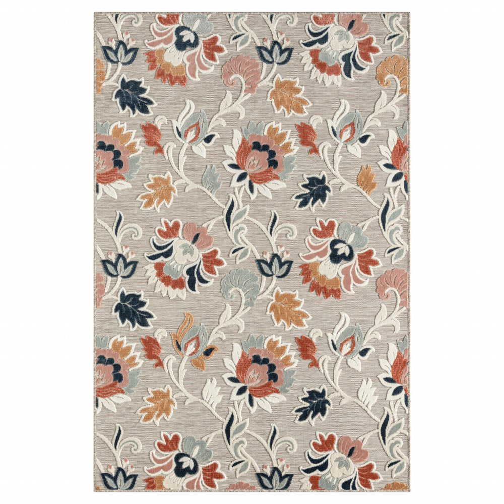 5' X 7' Blue And Gray Floral Stain Resistant Indoor Outdoor Area Rug — view 1