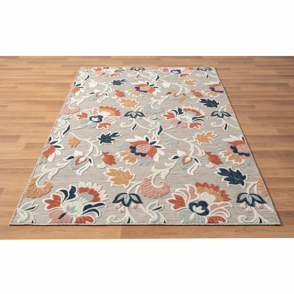 5' X 7' Blue And Gray Floral Stain Resistant Indoor Outdoor Area Rug — view 7
