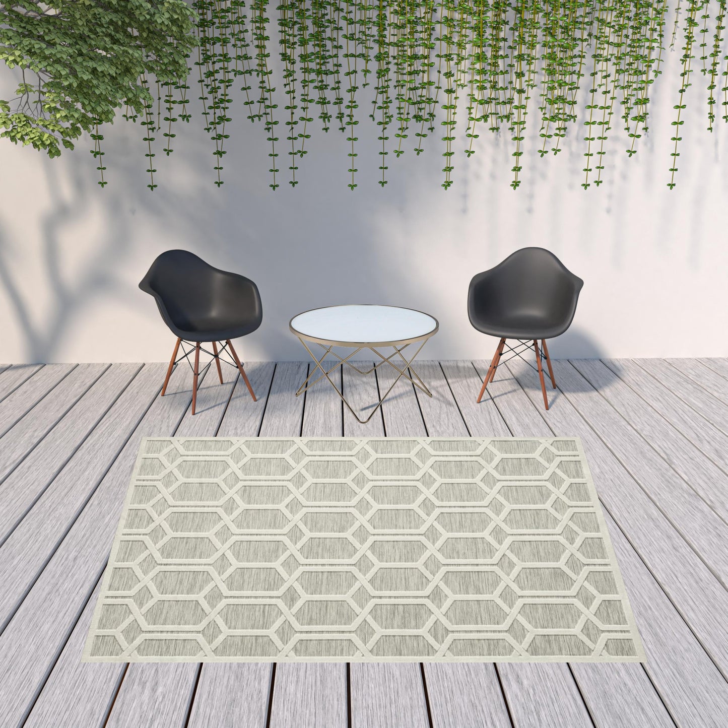 8' X 10' Gray And Ivory Geometric Stain Resistant Indoor Outdoor Area Rug - 0" (L) x 117" (W) x 93" (H)