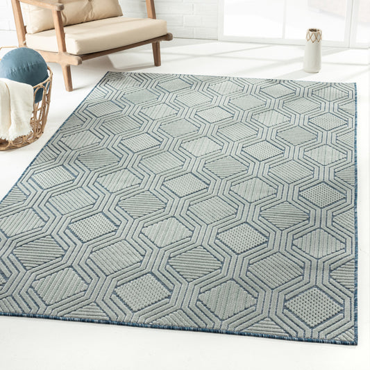 8' X 10' Blue Geometric Stain Resistant Indoor Outdoor Area Rug