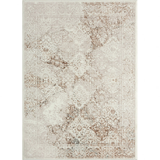 7' X 9' Beige Cream And Brown Damask Stain Resistant Area Rug - 89.0" (H) x 113.0" (W) x 0.39" (D)