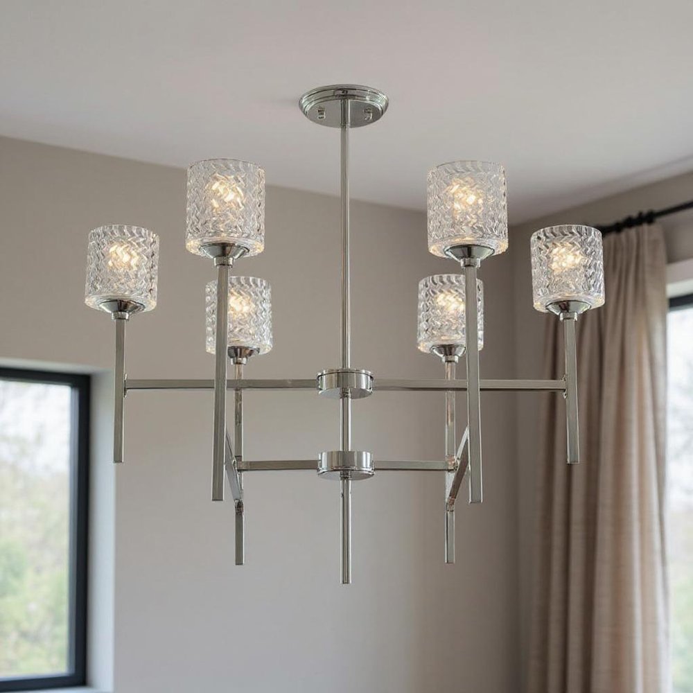 Silver Candle Style Six Light Metal Dimmable Chandelier With Clear Shades — view 7