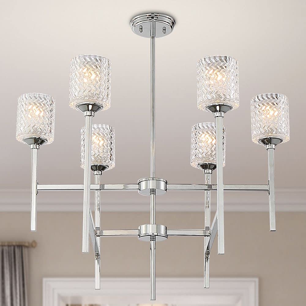 Silver Candle Style Six Light Metal Dimmable Chandelier With Clear Shades — view 1