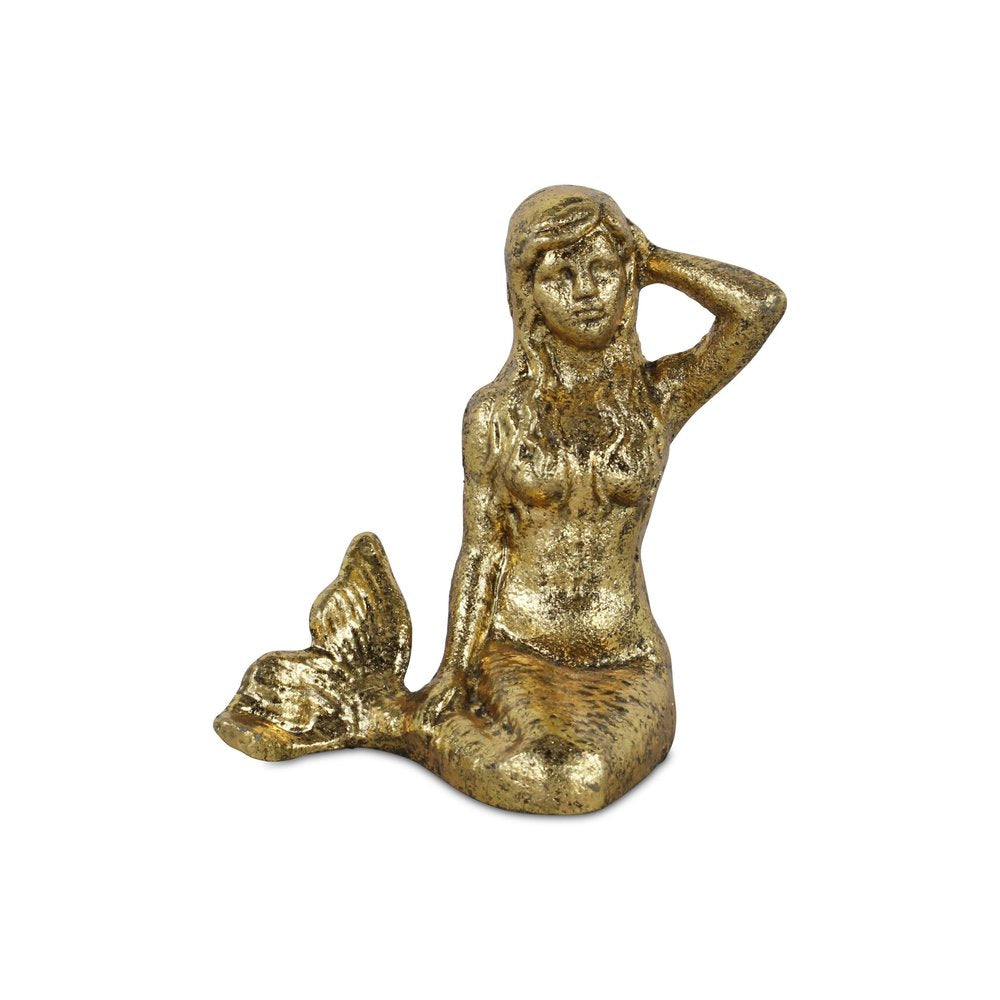 6" Antiqued Brass Cast Iron Mermaid Hand Painted Statue Tabletop Sculpture HomeRoots