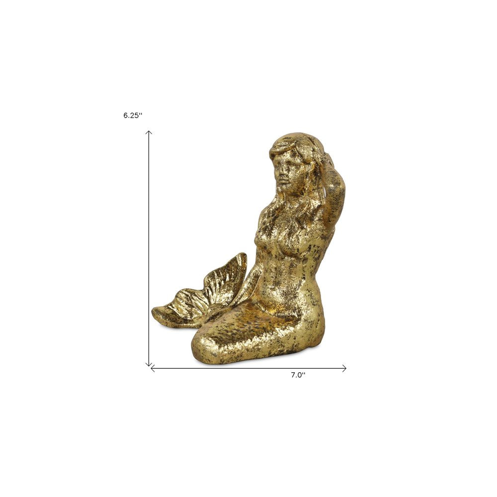 6" Antiqued Brass Cast Iron Mermaid Hand Painted Statue Tabletop Sculpture HomeRoots