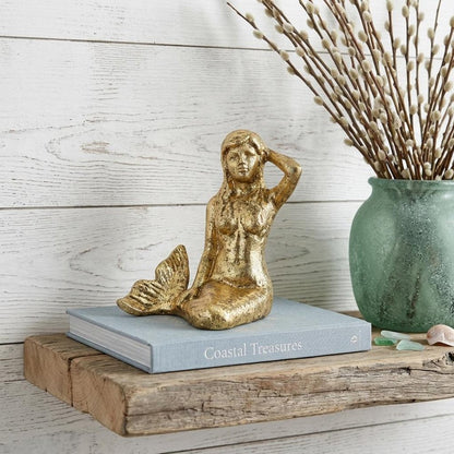 6" Antiqued Brass Cast Iron Mermaid Hand Painted Statue Tabletop Sculpture HomeRoots