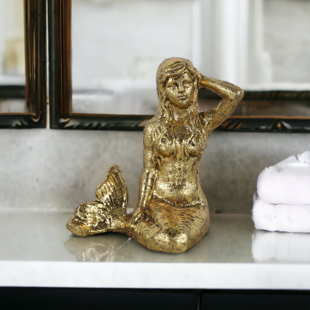6" Antiqued Brass Cast Iron Mermaid Hand Painted Statue Tabletop Sculpture HomeRoots