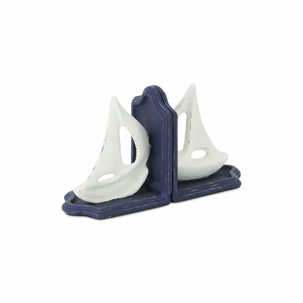 Set of Two 5" Blue And White Cast Iron Sailboat Decorative Bookends HomeRoots