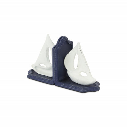 Set of Two 5" Blue And White Cast Iron Sailboat Decorative Bookends HomeRoots