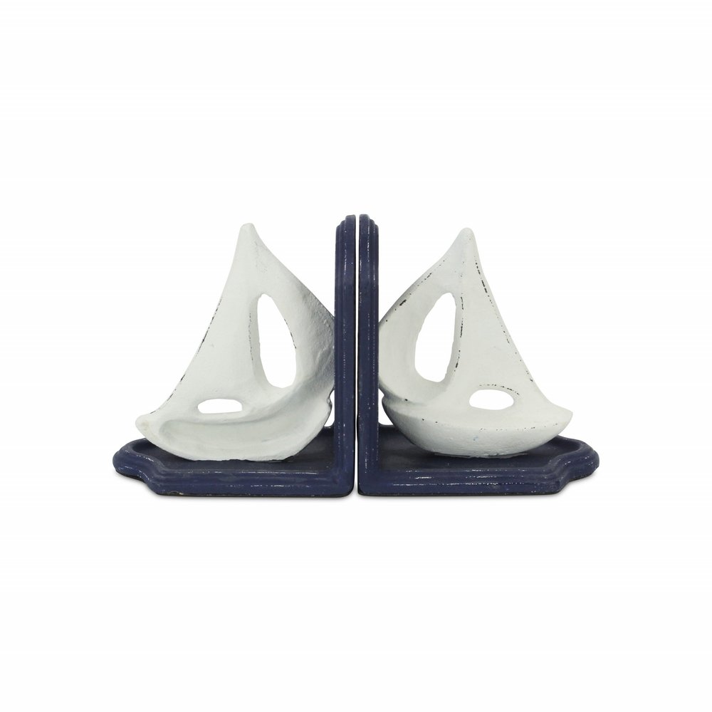 Set of Two 5" Blue And White Cast Iron Sailboat Decorative Bookends HomeRoots