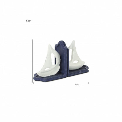 Set of Two 5" Blue And White Cast Iron Sailboat Decorative Bookends HomeRoots