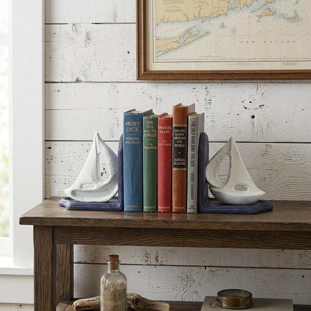 Set of Two 5" Blue And White Cast Iron Sailboat Decorative Bookends HomeRoots