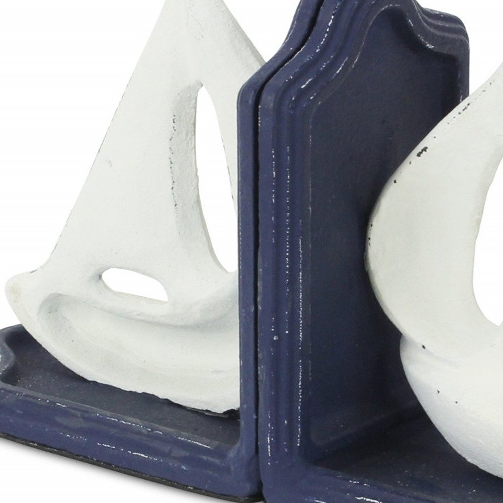 Set of Two 5" Blue And White Cast Iron Sailboat Decorative Bookends HomeRoots