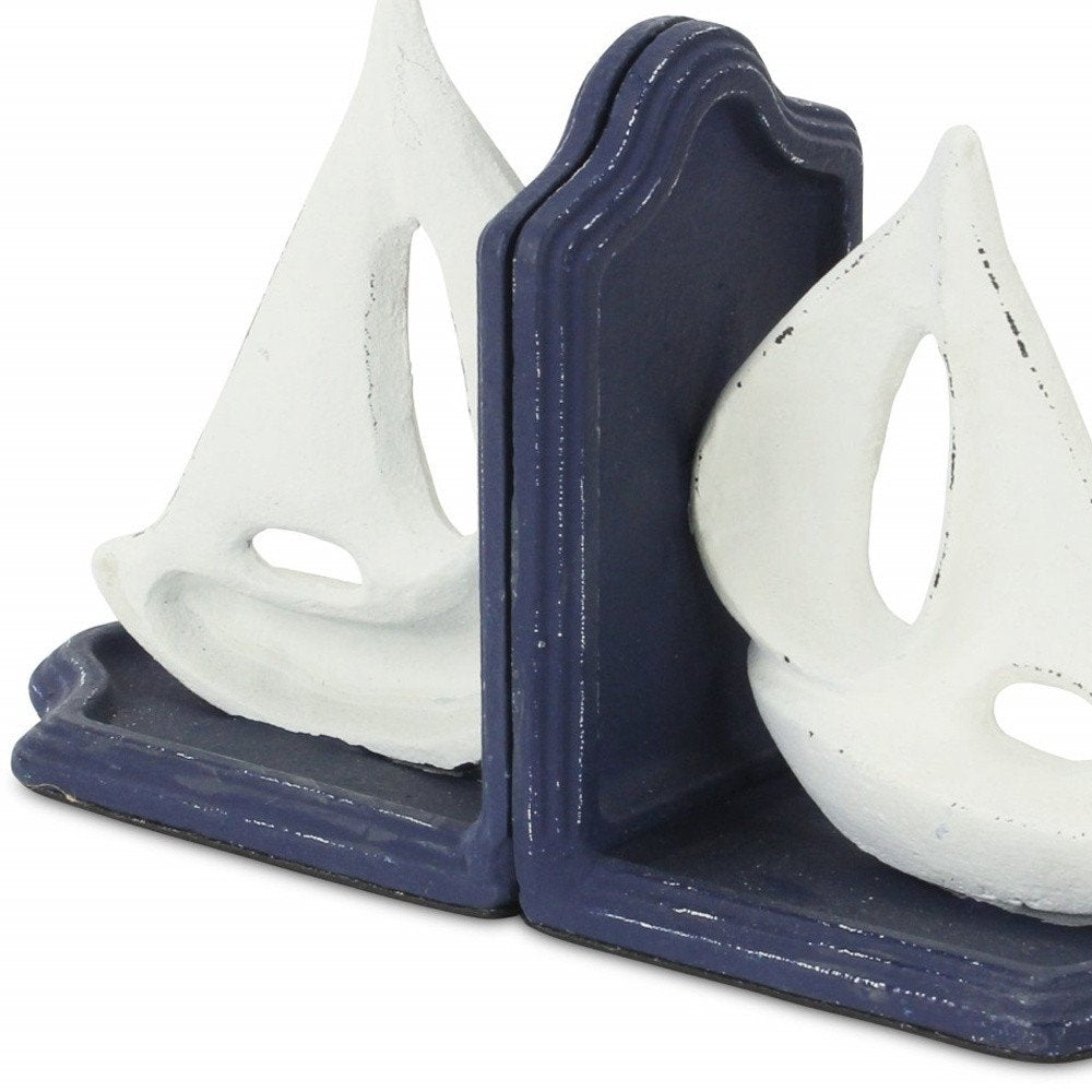 Set of Two 5" Blue And White Cast Iron Sailboat Decorative Bookends HomeRoots