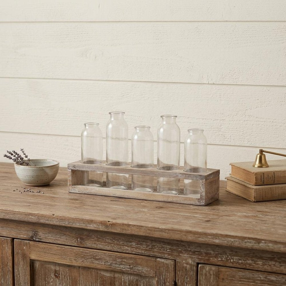 Set of Five Clear Cylinder Glass Decorative Bottles HomeRoots