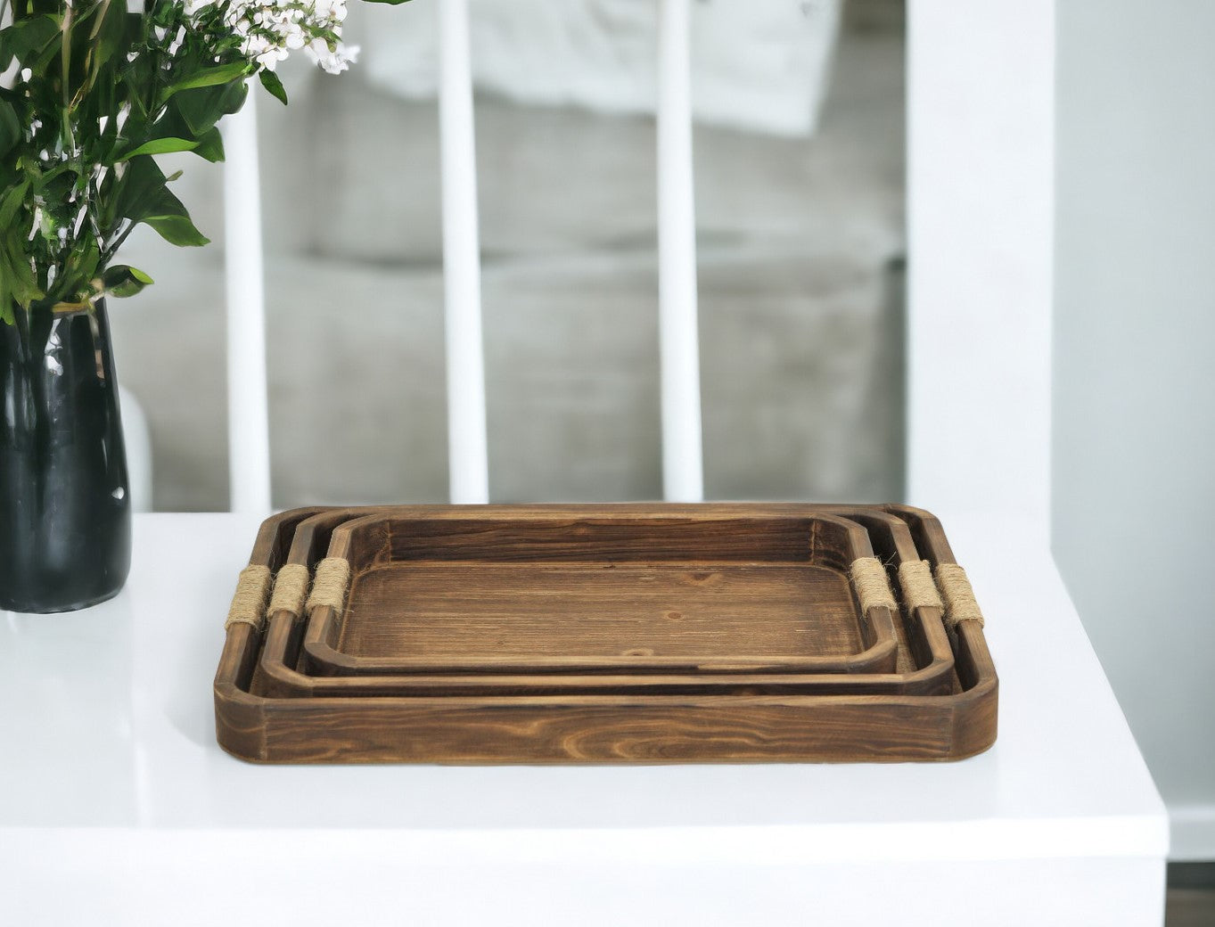 20" Brown Rectangular Wood Handmade Tray With Handles