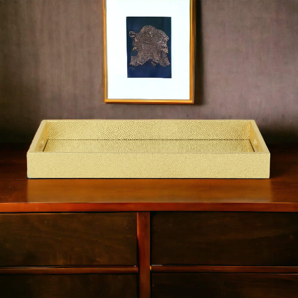 16" Gold Rectangular Wood Handmade Tray With Handles HomeRoots