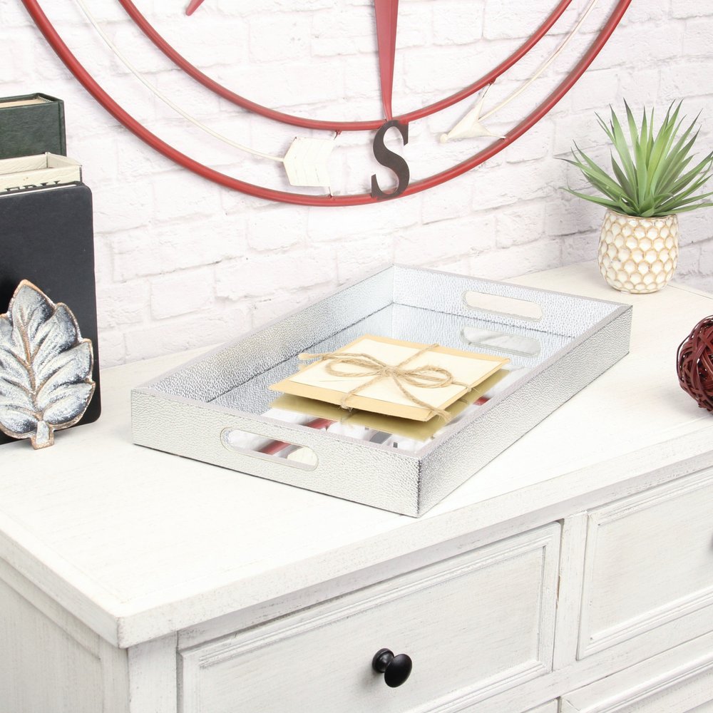 16" Silver Rectangular Wood Handmade Tray With Handles HomeRoots