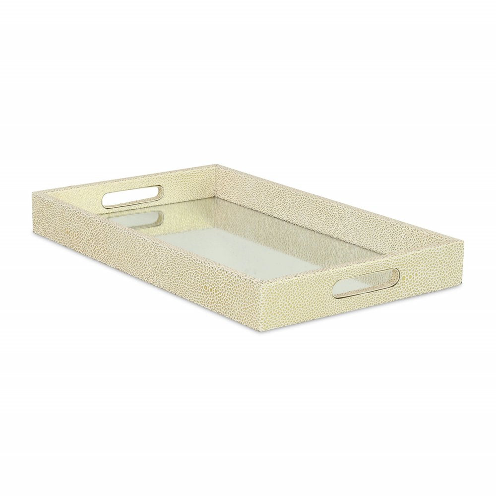 16" White Gold Rectangular Wood Handmade Tray With Handles HomeRoots