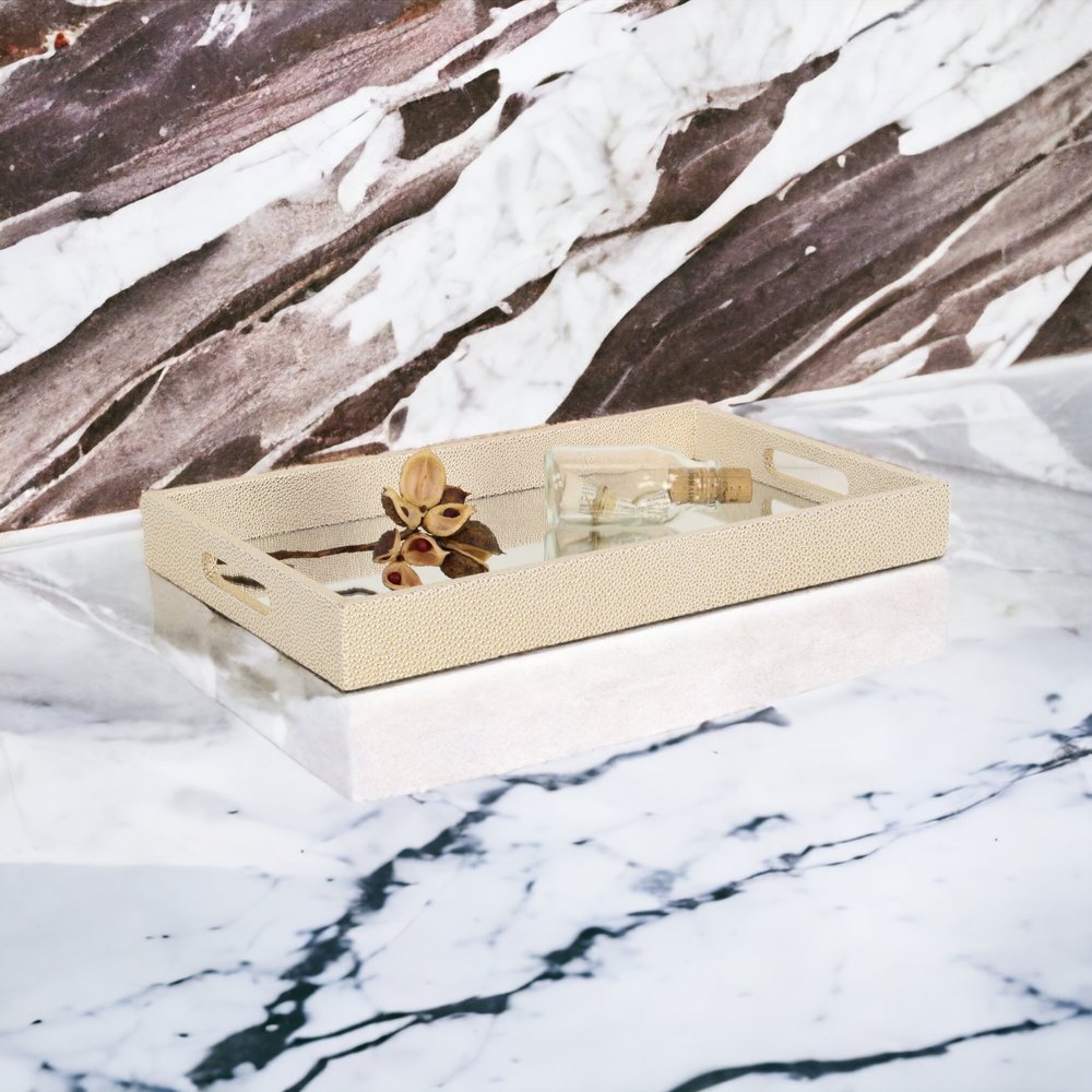 16" White Gold Rectangular Wood Handmade Tray With Handles HomeRoots