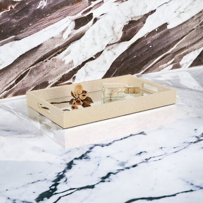 16" White Gold Rectangular Wood Handmade Tray With Handles HomeRoots